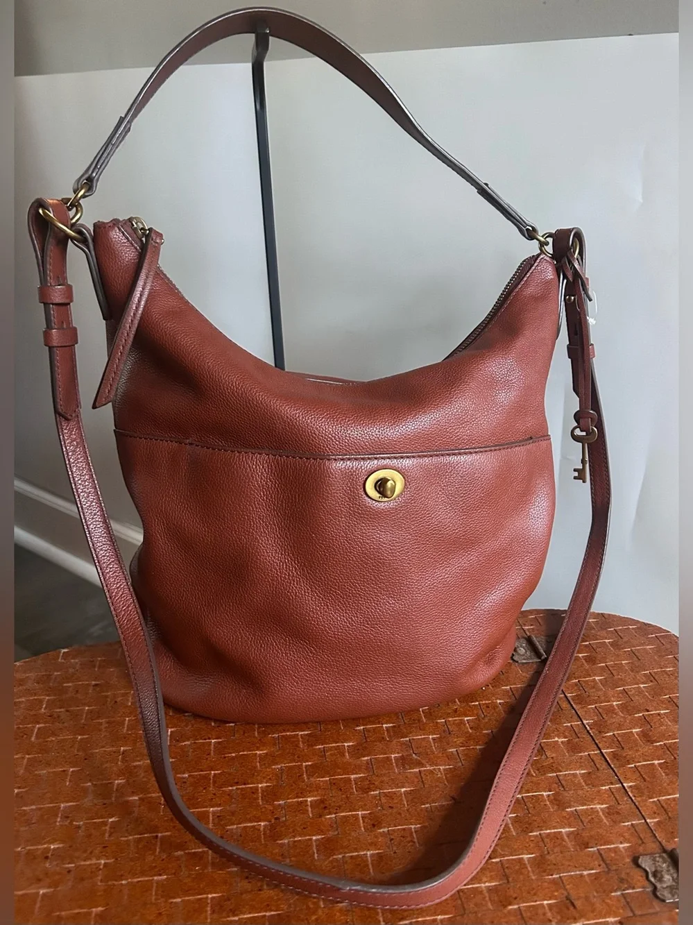 Fossil Talulla Hobo Bag Brandy Pebbled Leather Convertible Crossbody